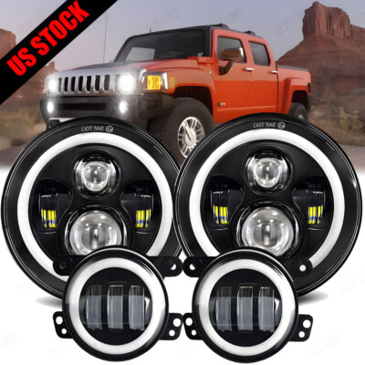 Combo 7'' inch Round Sealed LED Headlights +4'' Fog Lights Spot Lamp For Hummer H3