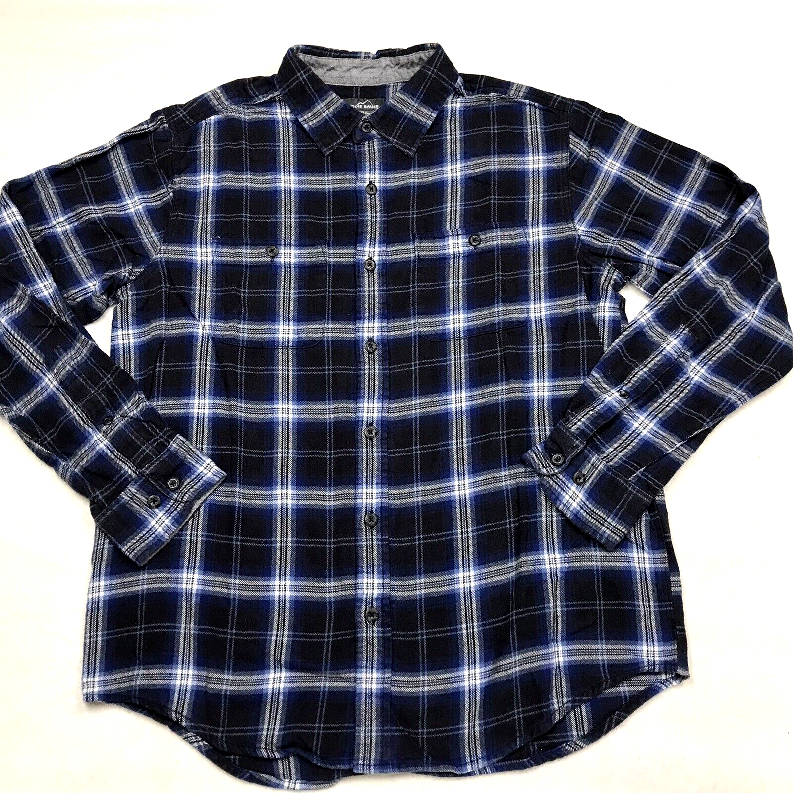 EDDIE BAUER Men's Dark Grunge Flannel Shirt in Blue Black Windowpane Plaid L