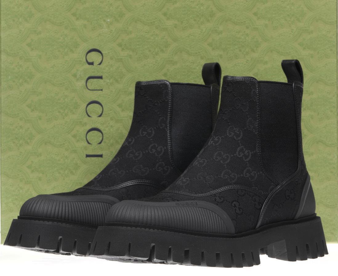 NEW GUCCI LUXURY MEN'S GG BLACK CANVAS ANKLE BOOTS SHOES 7.5/US 8