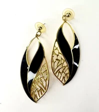 Vtg Edgar Berebi Gold Tone Enameled Black Enamel Cut Out Dangle Pierced Earrings