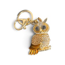 Vintage Owl Keychain Pendant Crystal Gold Toned Rhinestones Bag Charm Jewelry