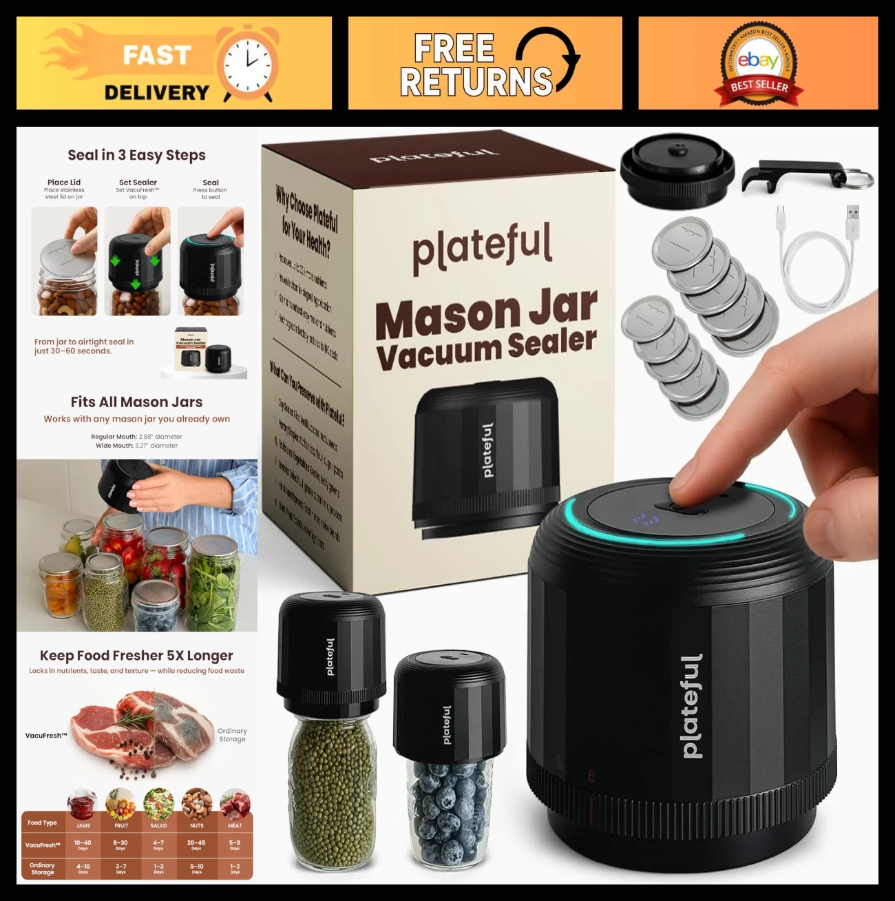 Electric Mason Jar Vacuum Sealer Kit for Wide & Regular Mouth Jars - Food Storag