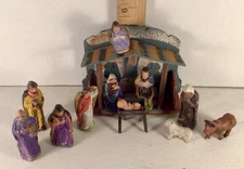 13 PIECE VINTAGE NATIVITY SET 3” FIGURES MANGER CRADLE 