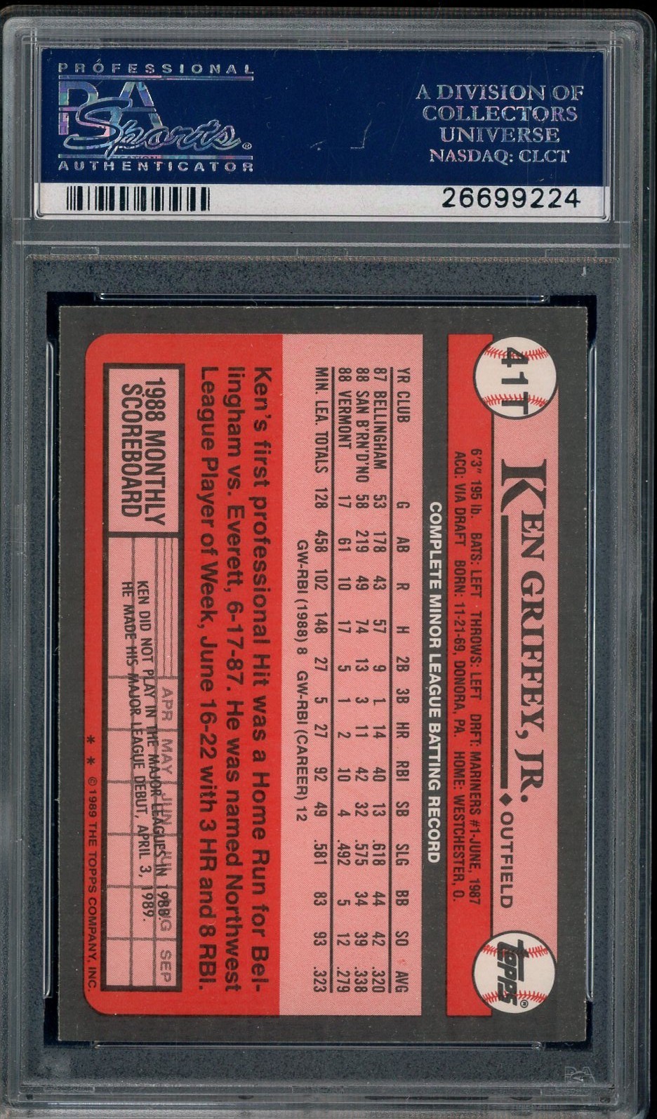 #4 1989 Topps Traded #41T Ken Griffey Jr Seattle Mariners RC Rookie HOF PSA 9 view 2