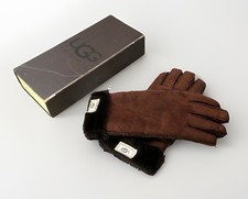 UGG Australia Ladies Leather Fur Trim Chocolate Brown Gloves - Boxed - VGC