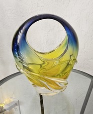 Beautiful Murano Sommerso Blue and Yellow 8" Glass Art Basket it Glows Beautiful