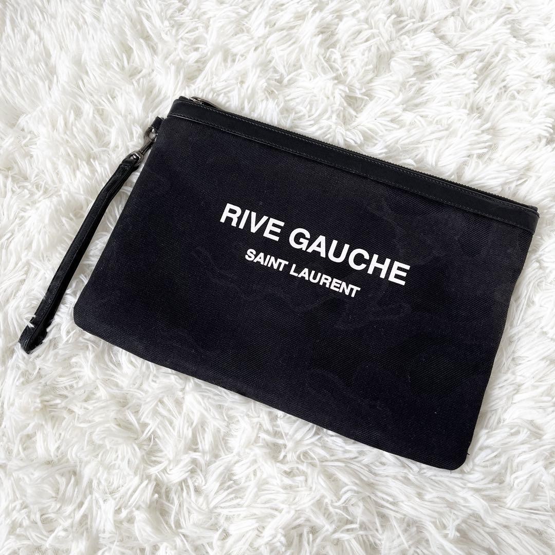 Borsa pochette Saint Laurent Rive Gauche mimetica tela pelle nera
