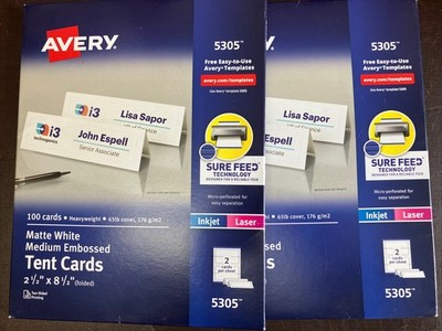 2X 100 Cards Avery Tent Cards Matte White Medium Embossed 2 1/2'' x 8 1/2'' Sealed