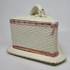 Antique ceramic cheese keeper dish + cover triangular slice of cake pink cream