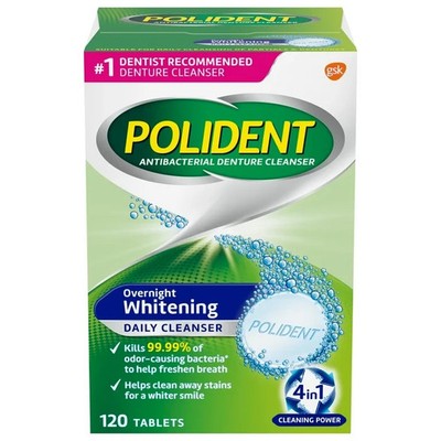 2 Pk Polident Overnight Whitening Denture Cleanser 120 Tabs Ea Exp: 10/31/2026
