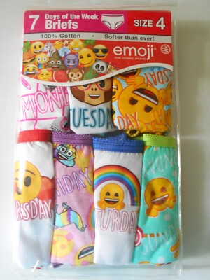 Emoji Girls 7 Days of the Week Girls Briefs SIZE 4 Underwear, 7 Pack
