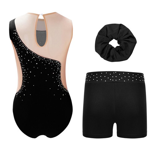 Kids Girl's Outfits Waistband Rompers Gymnastic Unitard With Shorts Dance Mesh - Picture 8 of 24