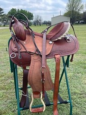 Western Adult Barrel Horse Saddle Basket Weave tooled with Tack set 15" to 18"