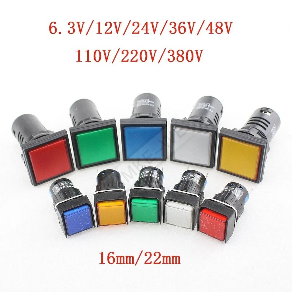 MARKENLOS 16/22mm Square LED Pilot Panel Indicator Signal Warning Light Lamp AC/DC New