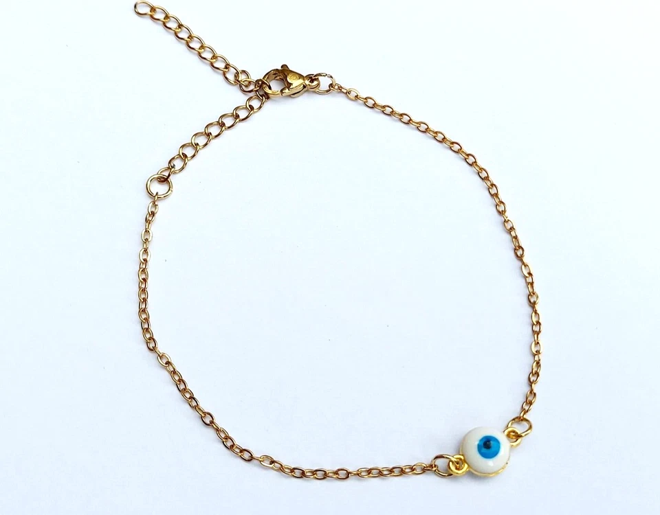 Damen 18K Vergoldet Türkische Griechische Böse Weiß & Blau Auge Armband - Bild 3 von 4
