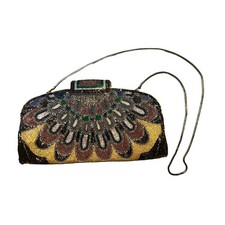 Vtg Hand Beaded Clutch Evening Handbag All Over Beads Gold Multicolor Hong Kong