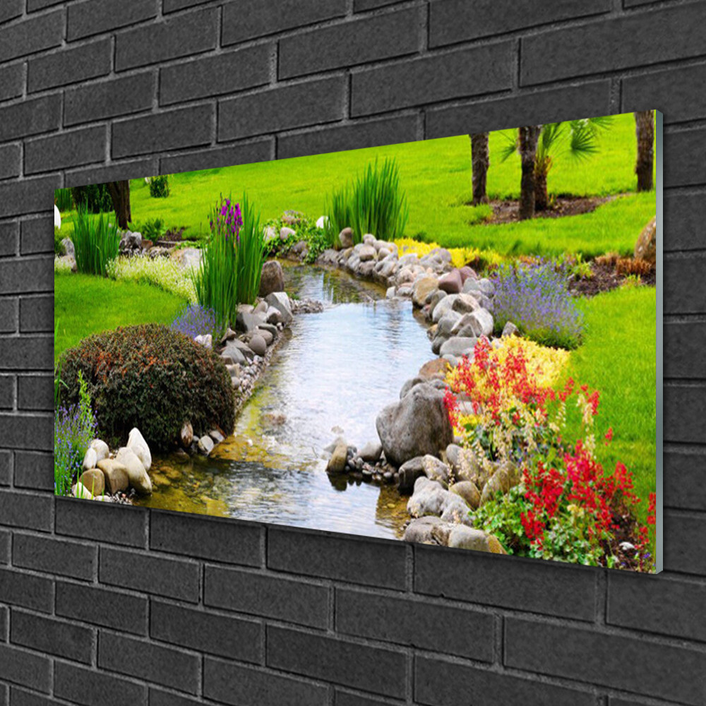 Tableau sur verre brillant paysage lac et jardin 100x50 haute définition