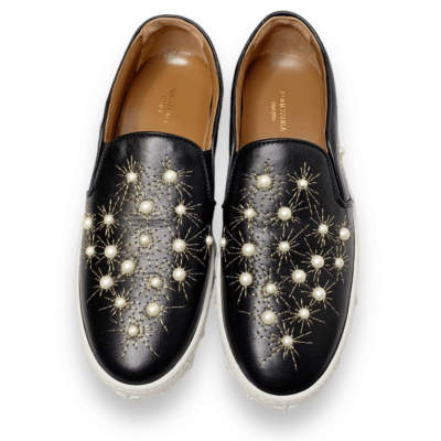 Aquazzura Cosmic Embellished Embroidered Leather Slip-On Sneakers  