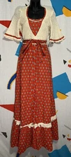 Vintage 70s Gunne Sax ? Dress 11 Calico Floral Fringe Knit Prairie Empire Maxi