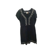 Sonoma Women Black  Dress Size M Peasant Boho White Embroidery Ruffles 