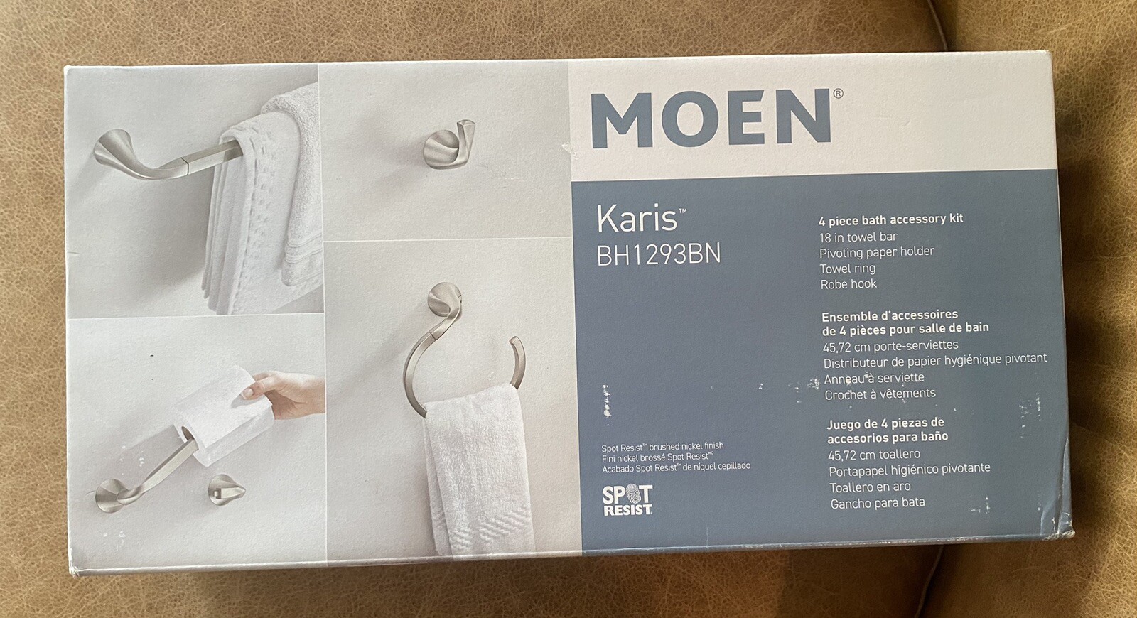 Moen Karis 4piece Bath Kit, BH1293BN Towel Bar Ring Hook Toilet