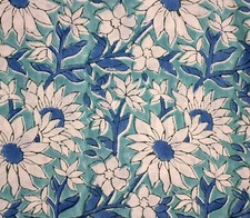Blue Block Print Fabric for Sewing By the Yard Floral Print Indian Fabric