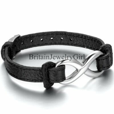 Black Leather Stainless Steel Love Infinity Men Women Charm Bangle Bracelet