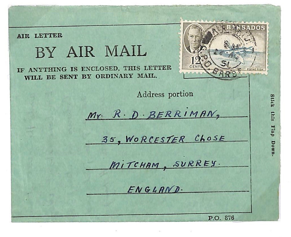 BARBADOS Air Letter 1951 Cover KGVI 12c Stamp *FLYING FISH* Mitcham