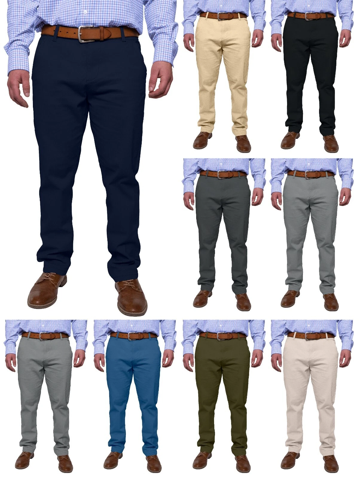 Mens Flex Chino Trousers Slim Fit Casual Stretch Flat Front Classic Pants