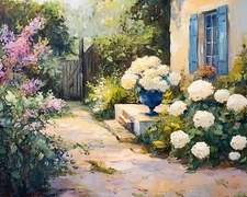 Garden with blooming hydrangeas oil painting 8x10 Print