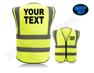 CUSTOM TEXT  HI- Visibility SAFETY Vest w/ Graphic TEXT FRONT AND BACK