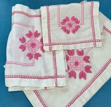 Vintage Hardanger Table Runner and Dresser Scarves Set Hand Embroidered Pink 