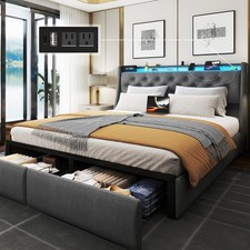 Full Size Bed Frame with Headboard and 2 Storage Drawers, Upholstered Wingback