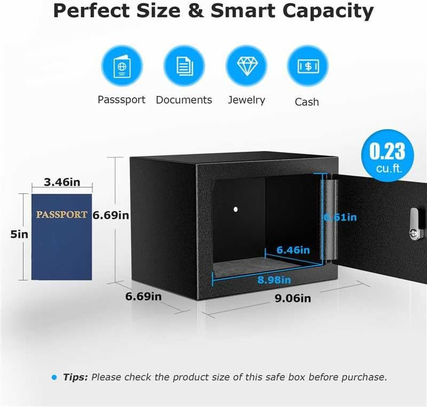 Safe Box with Key Lock, Steel Security Lock Box, 0.23 Cubic Feet, 9.06" W X 6.69