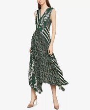 BCBG MAX AZRIA Floral Ruffle High Lo Midi Maxi Dress Sleeveless V Neck Green S