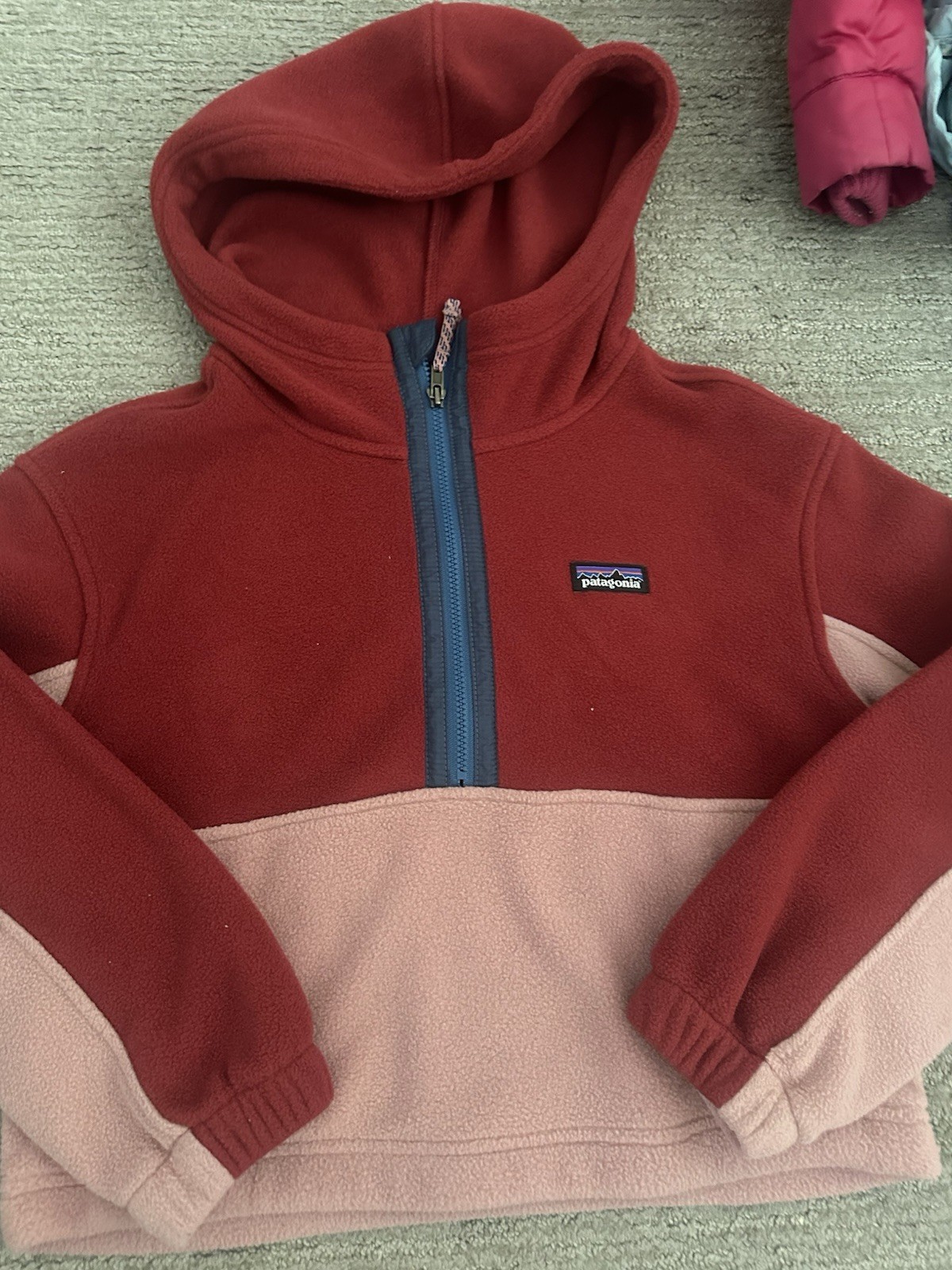 Patagonia Kids Fleece Hooded Full Zip Colorblock Jacket Red 