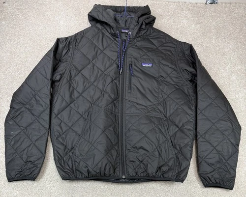 PATAGONIA Men's Diamond Quilted Bomber Hoody Jacket Black Size LARGE Logo - product listing photo