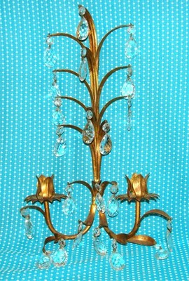 Vtg Hollywood Regency Italy 2 Candle Holder Wall Sconce Crystal Prisms 18  Gilt