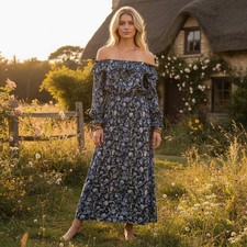 Live To Be Spoiled Blue Floral Off-the-Shoulder Maxi Dress Cottagecore Boho XL