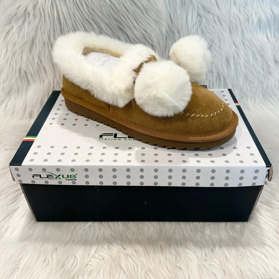 Flexus by Spring Step Cottontail Faux Fur Slippers Pom Pom Suede Slip-On, Size 9 - Image 3 of 4