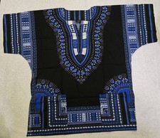 African Dashiki Shirt Men's XL Blue Colorful Tribal Hippie Top