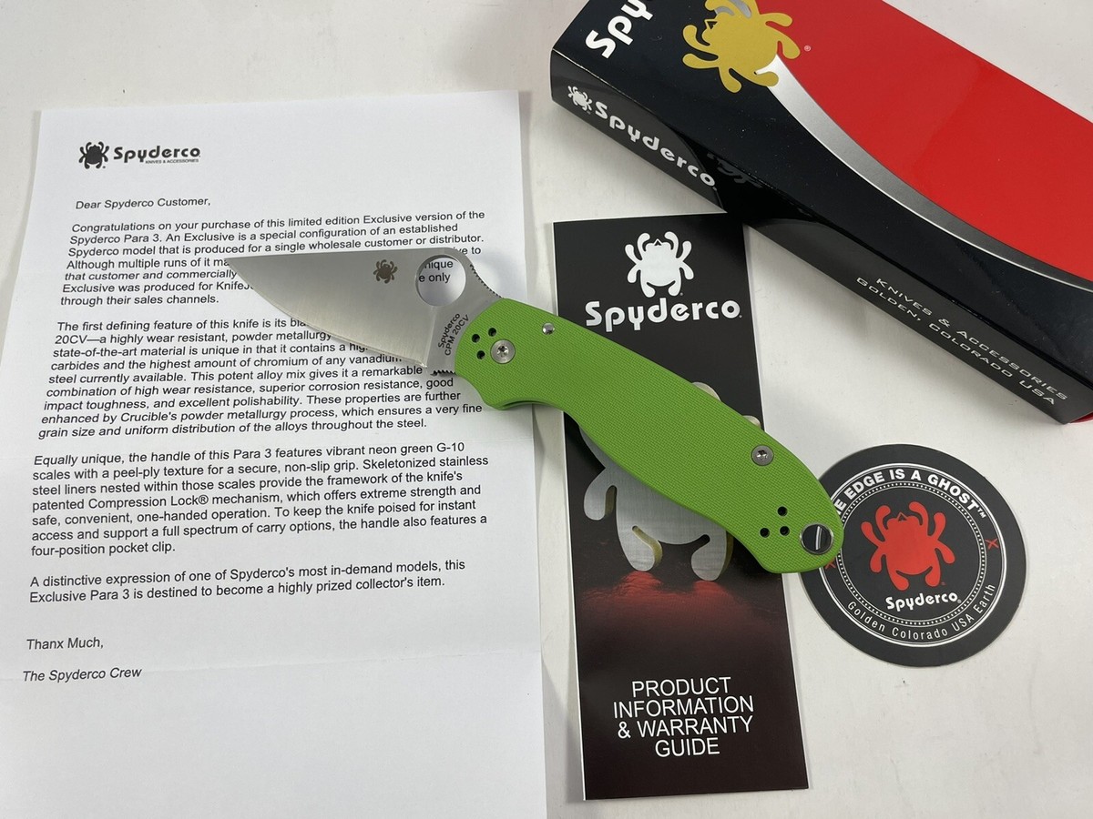 🟢Rare Spyderco Para 3 G10 20CV DLC Green Black Knifejoy for