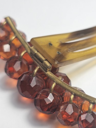 Antique Edwardian Era Hinged Faceted Faux Amber Glass Bakelite Hair Comb - Picture 18 of 24
