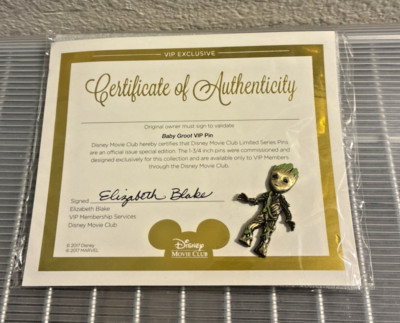 Baby Groot VIP Pin Disney Movie Club 2017 Marvel COA