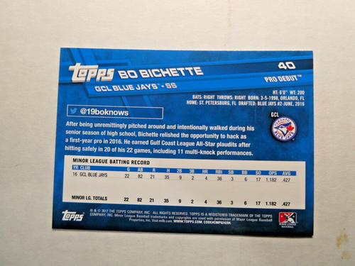 2017 TOPPS PRO DEBUT BASEBALL BLUE JAY'S BO BICHETTE PROSPECT CARD - Picture 2 of 2