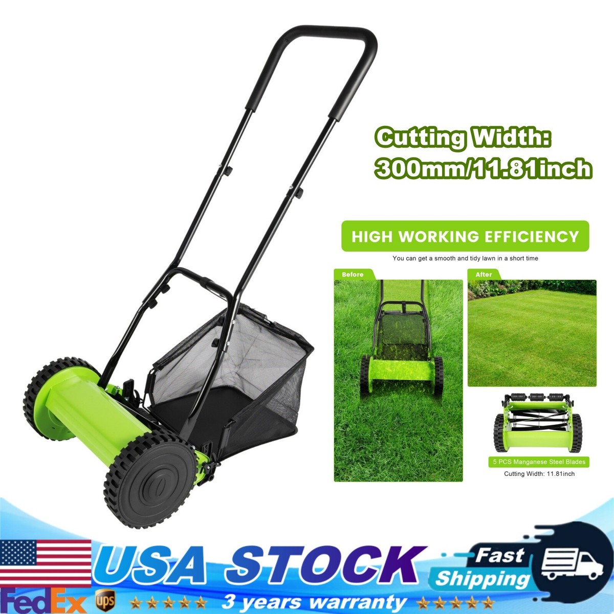 5-Blade Dual Wheel Lawn Mower Manual Push Reel Grass Cutting