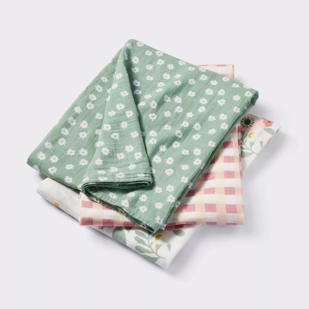 Floral Gingham Muslin Swaddle Blanket 3-Pack by Cloud Island  