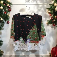 Collections Etc. Knit Top Shirt   Size M Christmas Tree Winter Snowman Pullover