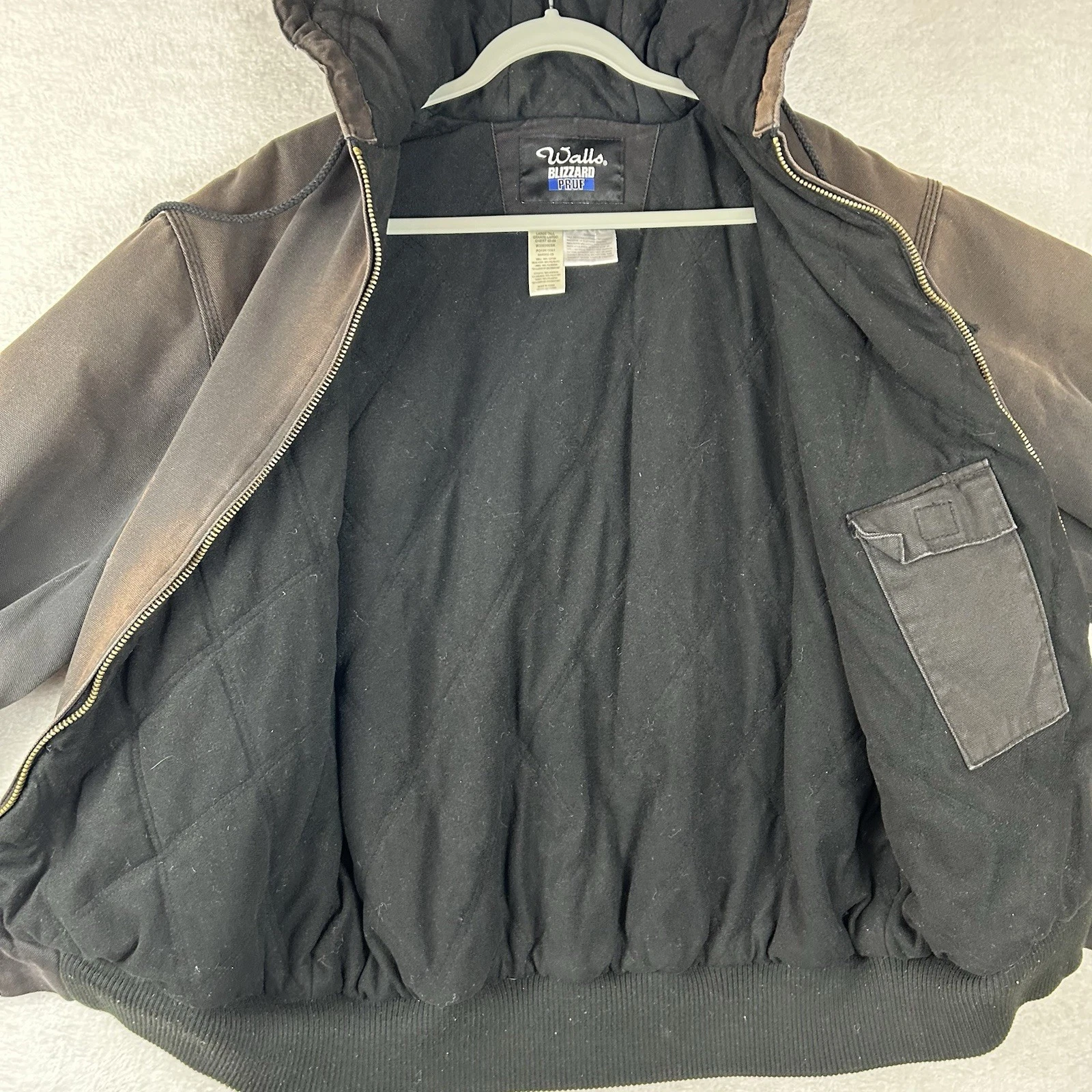 WALLS Hooded Distressed Dark Brown Zip Up Duck Canvas Work Jacket Men L Sun Fade image 7