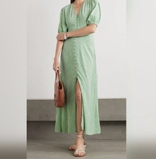 RIXO Staci Poppy Print Midi Dress Green White US 4 V-Neck Puff Sleeve Viscose